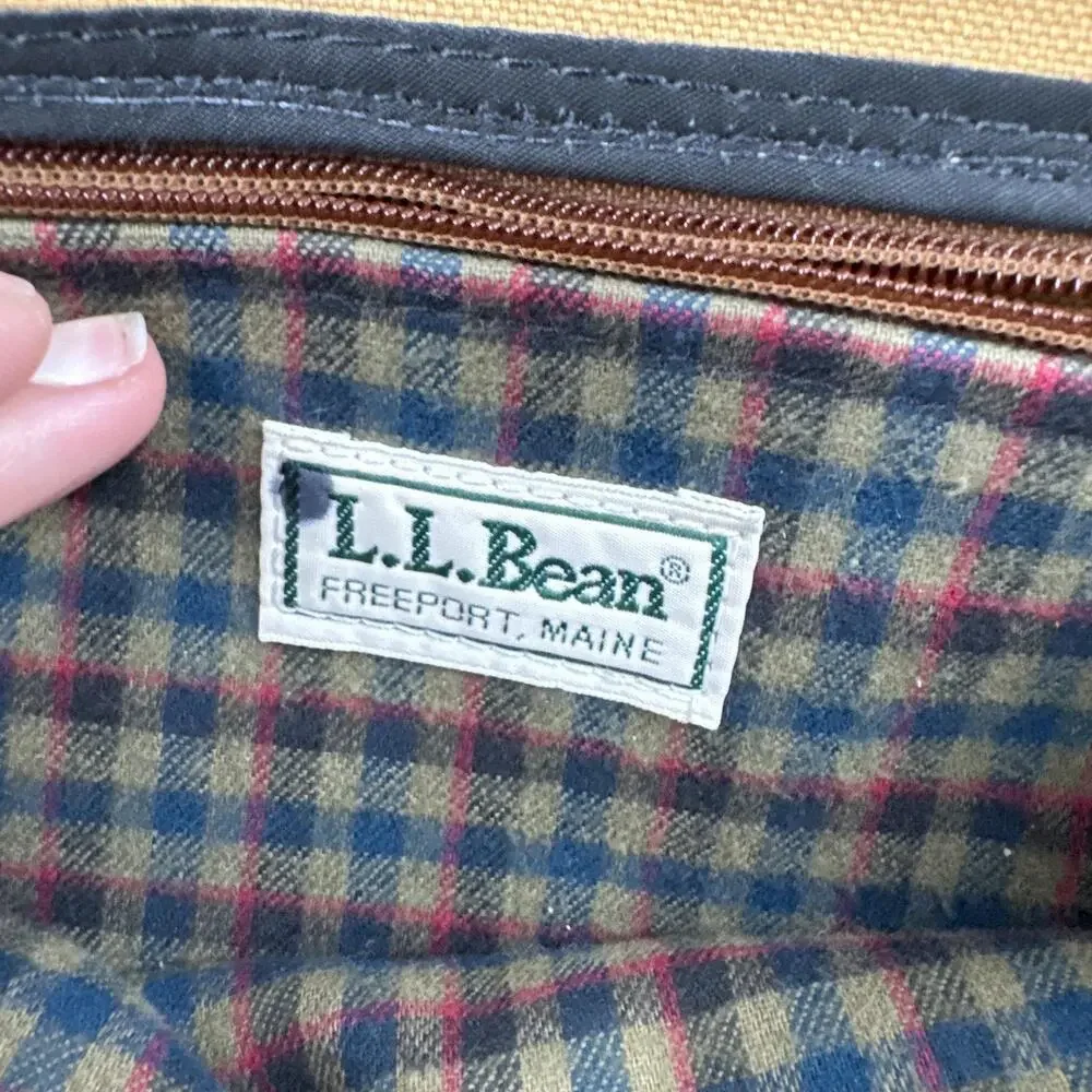 Vintage L.L. Bean Beige Canvas Leather Trim Backpack Plaid Lined Brass Daypack